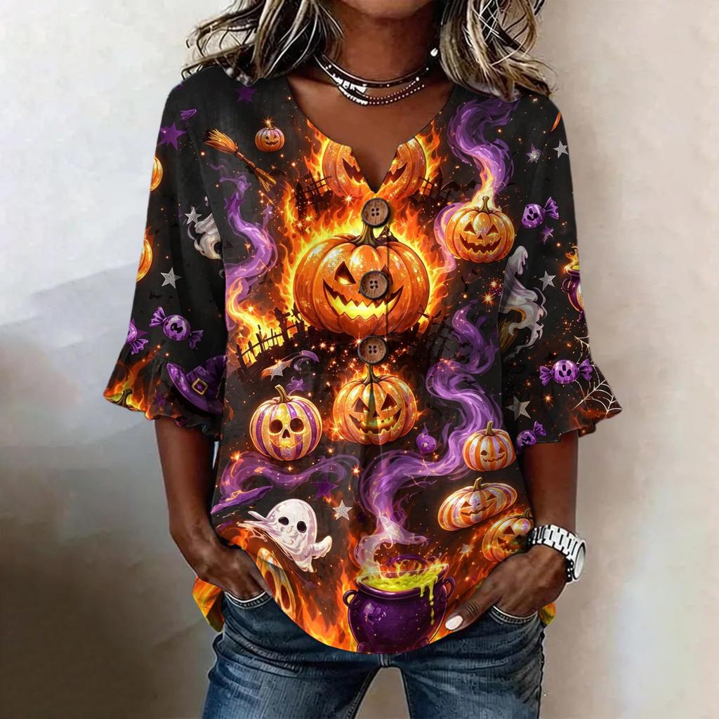 Women's Casual V-Neck Ruffle Trim Patchwork Sleeve Loose Fit Halloween Print Top