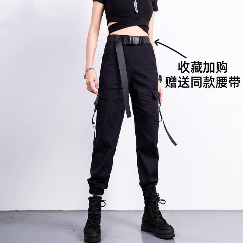 

Cotton leggings overalls women s thin high waist loose spring and autumn thin breathable cool tooling multi-pocket pants S