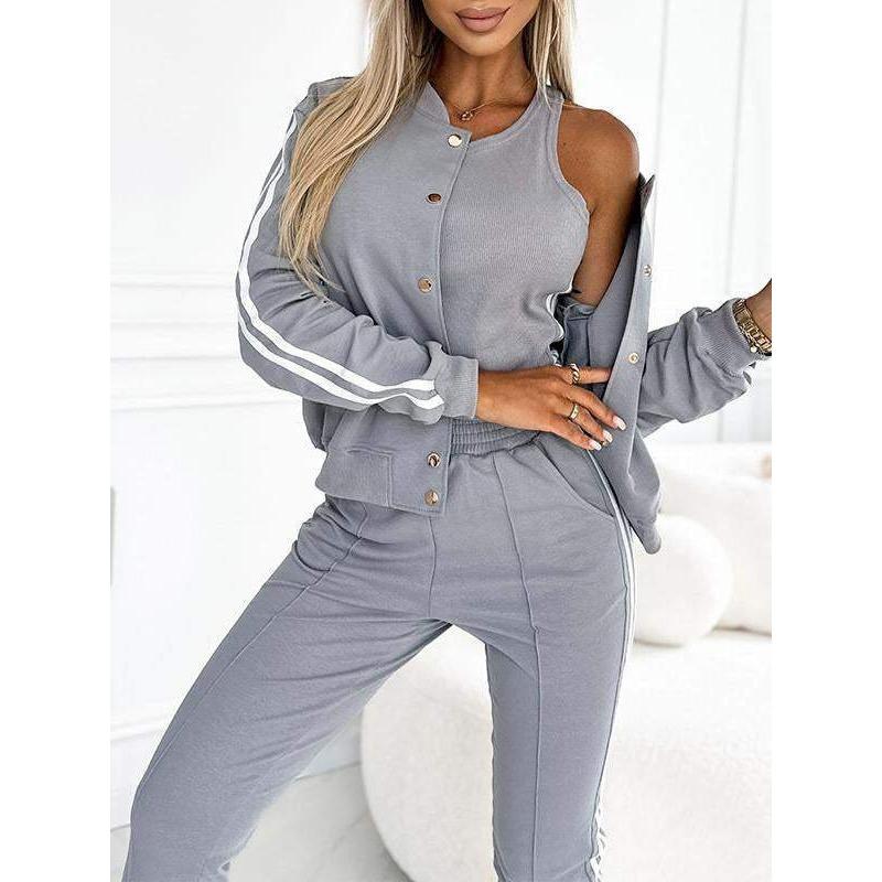 women's Striped Long Sleeve Bomber Jacket Cami Top Jogger Pants 3 Piece Tracksuit Outfit Set