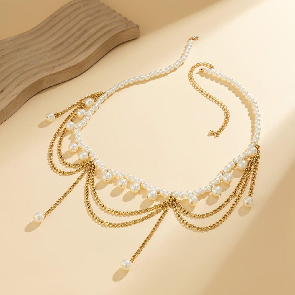 Silver Pearl Tassel Waist Chain Body Jewelry Metal Body Chain Summer   Girls