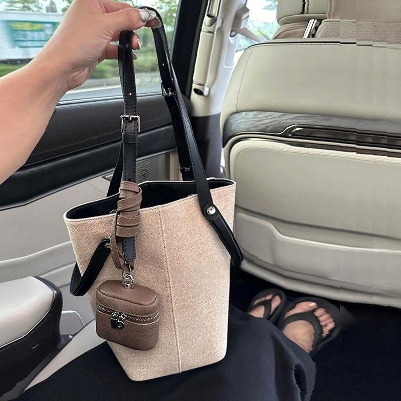 

Genuine Leather Linen Canvas Large Capacity Tote Bag for Women 2025 New Arrival Fancy Satchel Shoulder Cross Body Bucket Bag Beige