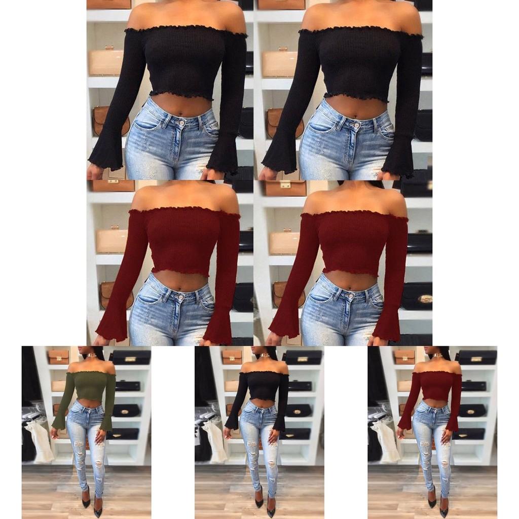 Women Summer Casual Off Shoulder Tank Top Stylish Long Sleeve Crop Top Shirt