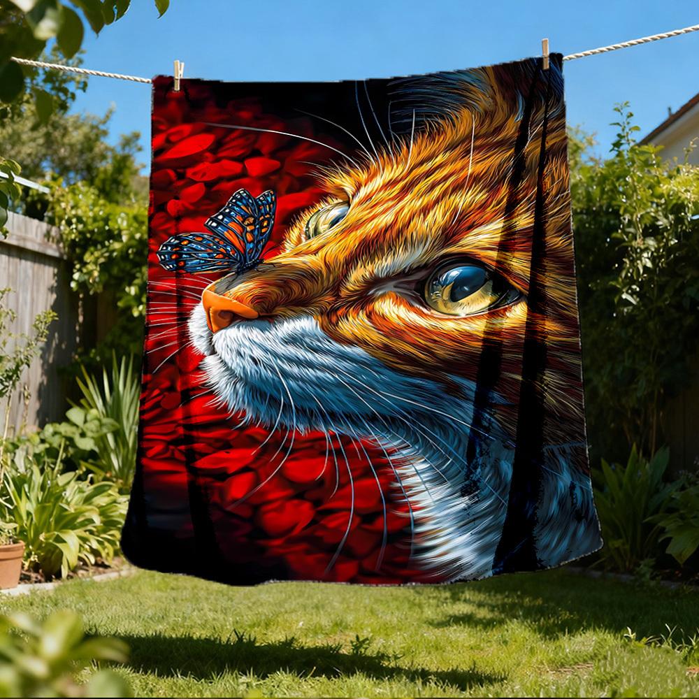 1pc Butterfly Cat Artwork Print Outdoor Blanket, Lightweight Polyester, 80x120cm