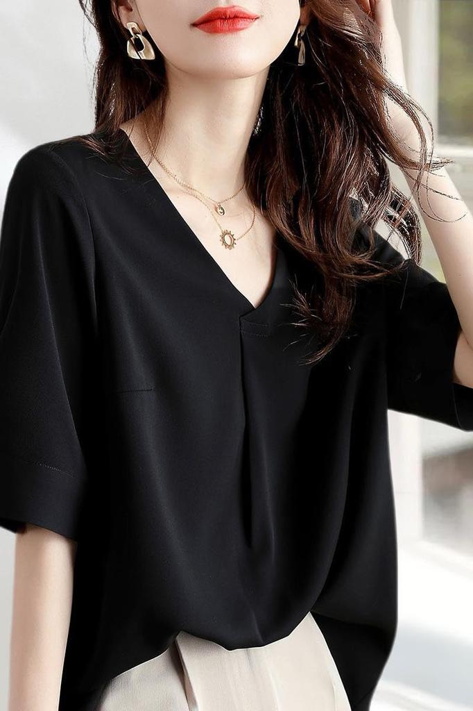 Blouse Summer Top Short Sleeve Loose Fit Outerwear Feminine Chiffon Shirt Pullover Plain Adult Elegant Clean Stylish Casual Formal Commuting OL [H.