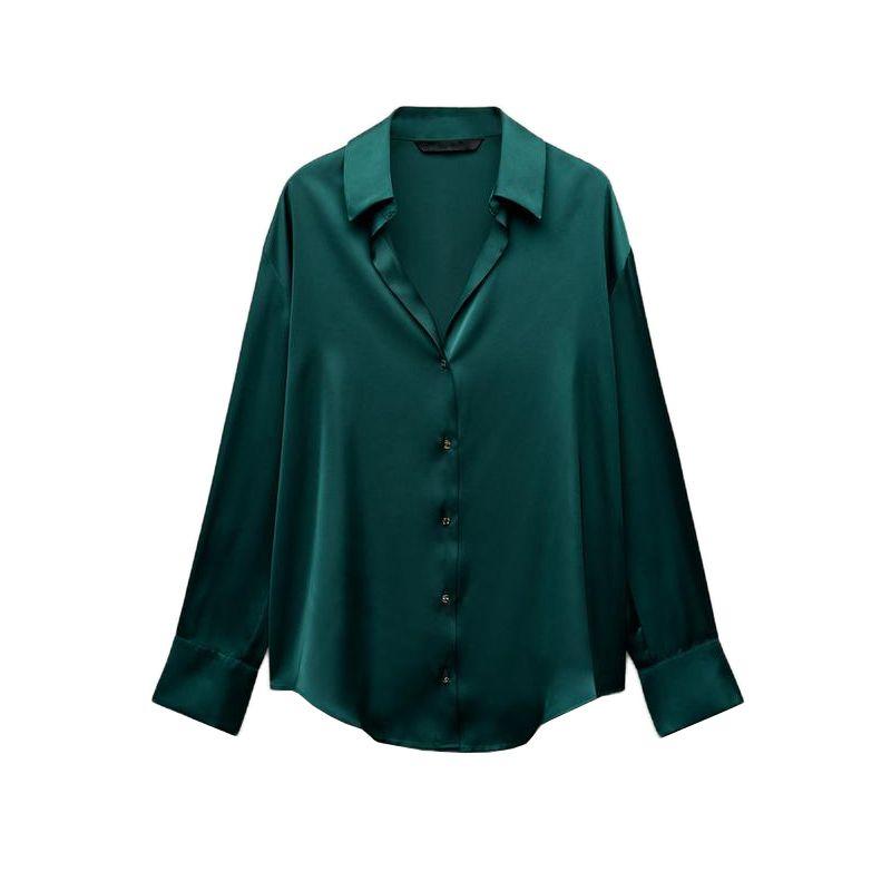 Spring New Women's Clothing French Style Retro Lapels Long Sleeves Minimalist Easiest for Match Silk Satin Textured Shirt 2074580