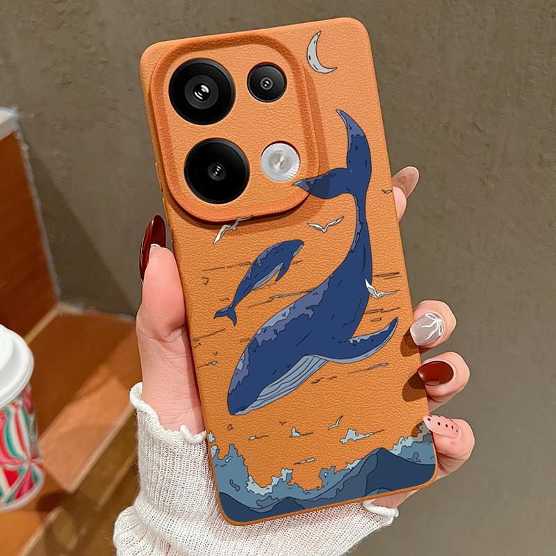 For Xiaomi 13T Pro Poco X7 X6 Redmi Note 14 13 12 11 Case Shell Whale Pattern TPU Leather Texture Matte Soft Shockproof Lens Protection Phone Cover