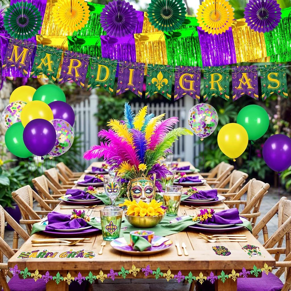 Mardi Gras Parade Float Decorations Kit Purple Green Gold Tinsel Garlands Fan Flag Mardi Gras Banner Balloons Paper Fans Streamers Masquerade Masks