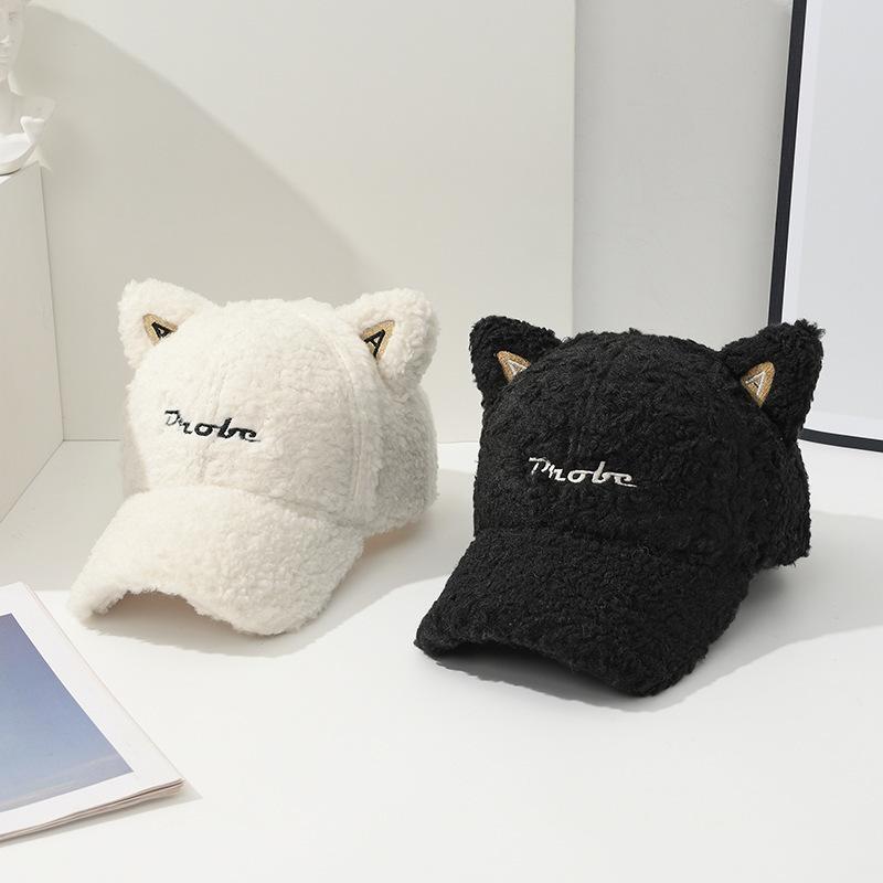 Autumn and Winter Lamb Fur Baseball Cap Warm and Deep Adjustable Head Circumference Plush Baseball Hat Cute Cartoon Cat Ears