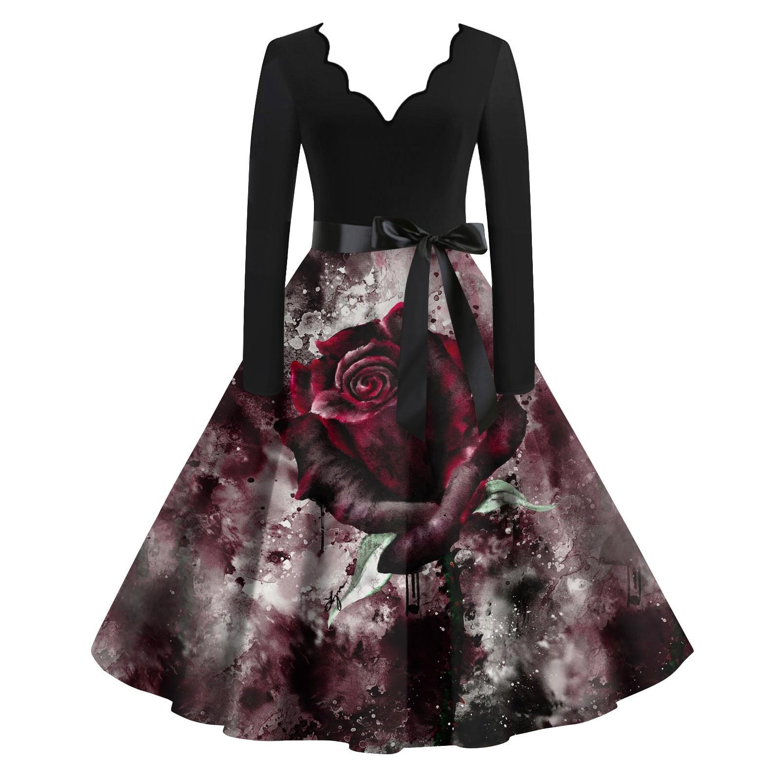 

Женские повседневные модные винтажные длинные платья с длинным рукавом на Хэллоуин и графическим принтом XXXXXL винный