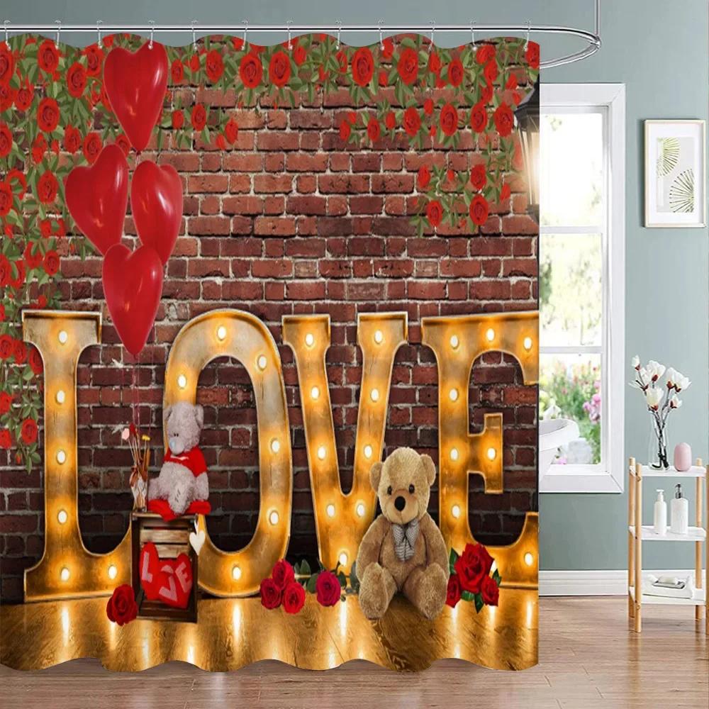 Valentine's Day Decoration Shower Curtain Holiday Gift Party Background Decoration Fabric Washable Shower Curtain Bathroom Decor
