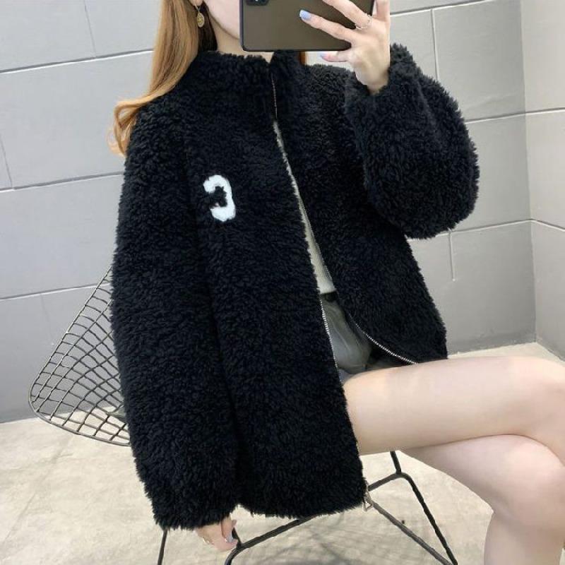Autumn and Winter Casual Outer Wear Fleece Thickened Double-sided Coral Fleece Thermal Sweater Home Stand-up Collar Plush Jacket Women's Tide