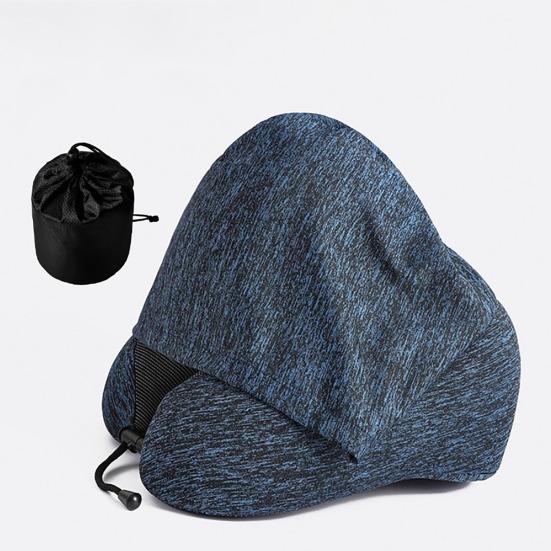 Travel Neck Pillow with Hood Memory Foam U-shaped Pillow with Adjustable Drawstring Breathable Neck Cushion for Airplane Car Long Flights Road Trips