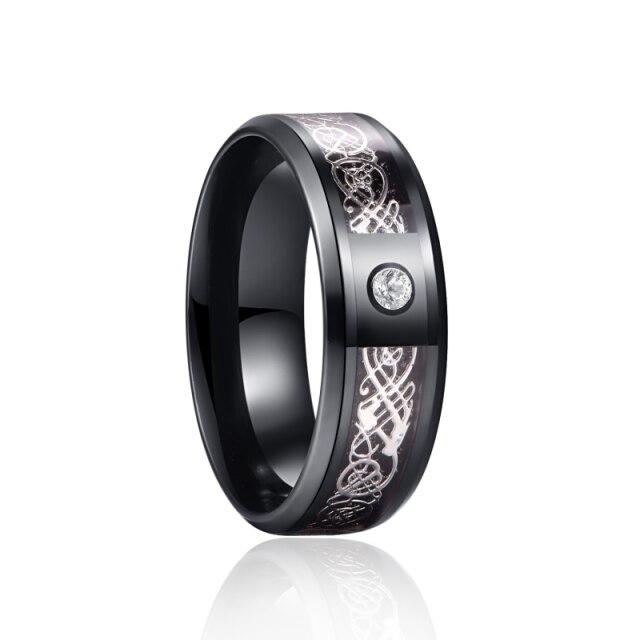 8Mm Men Black Red Stainless Steel Finger Ring Viking Dragon Blue Cubic Zirconia Inlay Finger Ring Nuptial Bridal Band Beveled Edge Comfort FitTrendy