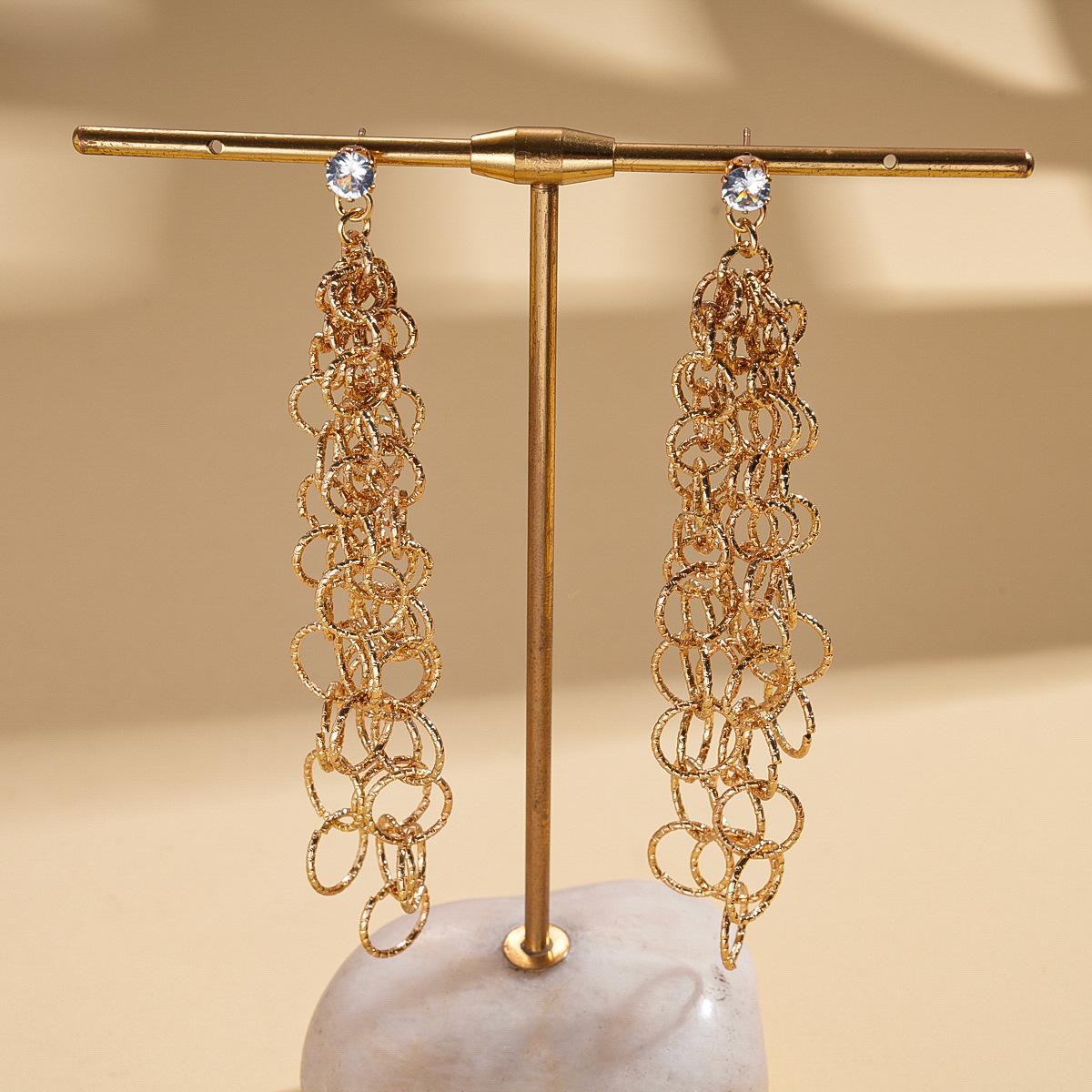 Zircon geometric circle splicing fringed silver needle earrings personalized fashion niche earrings