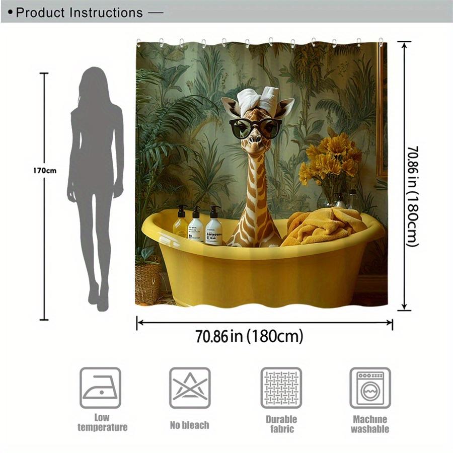 1pc Whimsical Vintage Giraffe in Yellow Bathtub with Fashion Glasses Shower Curtain - Tropical Wallpaper Design, Durable Polyest