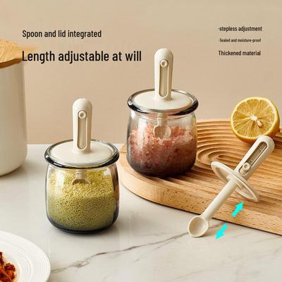 Glass Seasoning Jars with Retractable Spoon Lid for Salt, Spices, and MSG