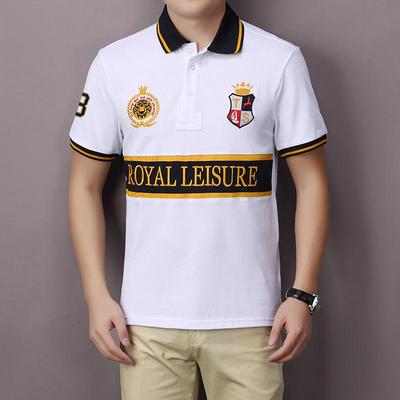 Men's Short-Sleeved Polo - Royal Leisure Sports, Embroidered, Pure Cotton, European Size, Contrast Color Stitching