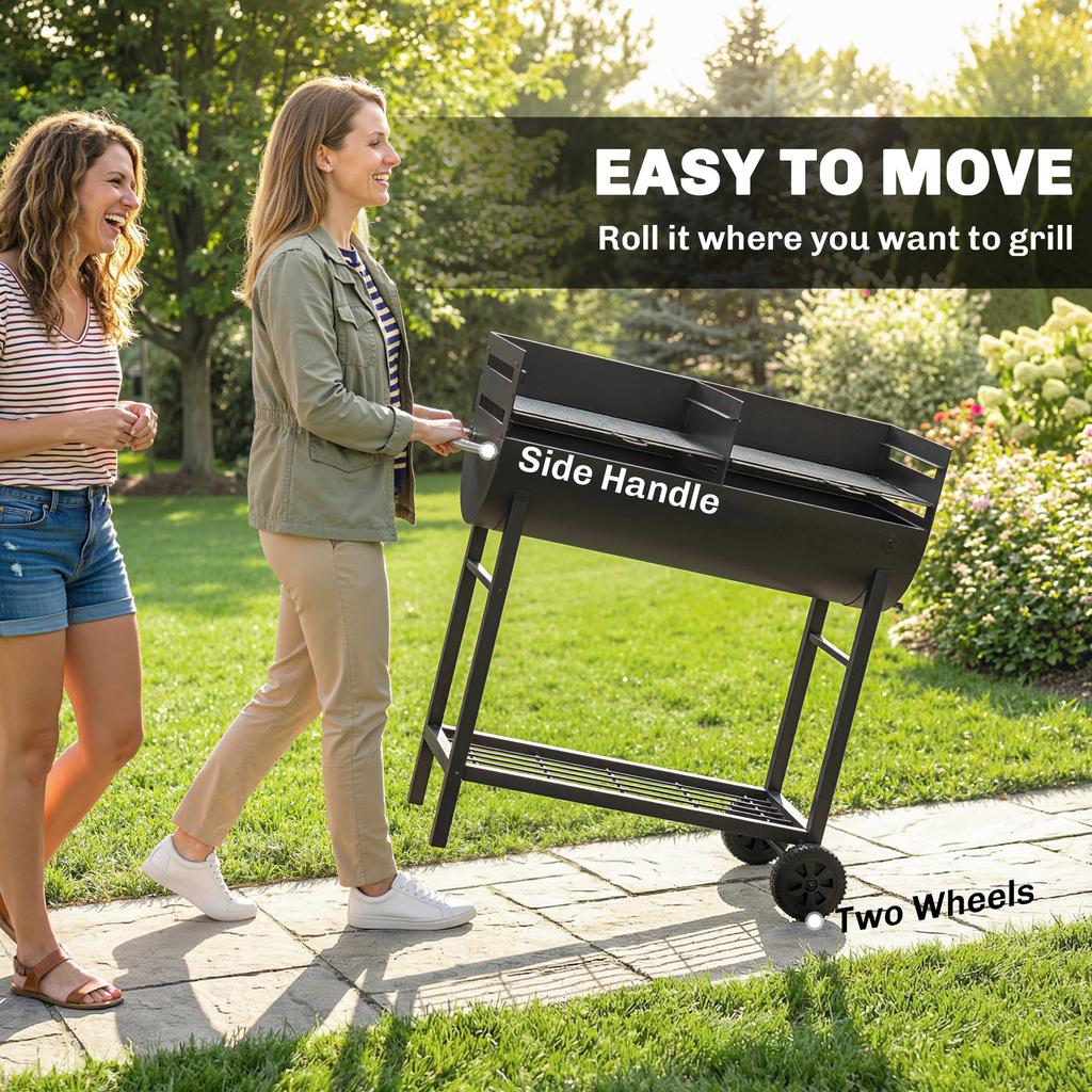 Charcoal Barbecue Grill with 2 Cooking Areas, Portable BBQ Trolley with Wheels, Height Adjustable Grates, Bottom Shelf