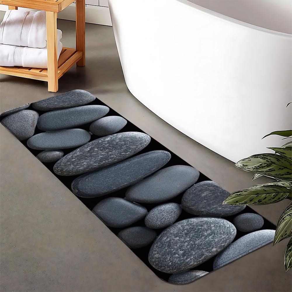 Realistic 3D Gray Pebble Stone on Black Floor Mat, Non-Slip Washable Rug for Kitchen, Entryway, Balcony, Bathroom Living Room