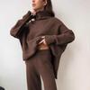 2025 Autumn/Winter Casual Solid Color Knitted Sweater Set: Loose High Neck and Pants