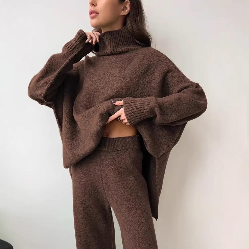 2025 Autumn/Winter Casual Solid Color Knitted Sweater Set: Loose High Neck and Pants