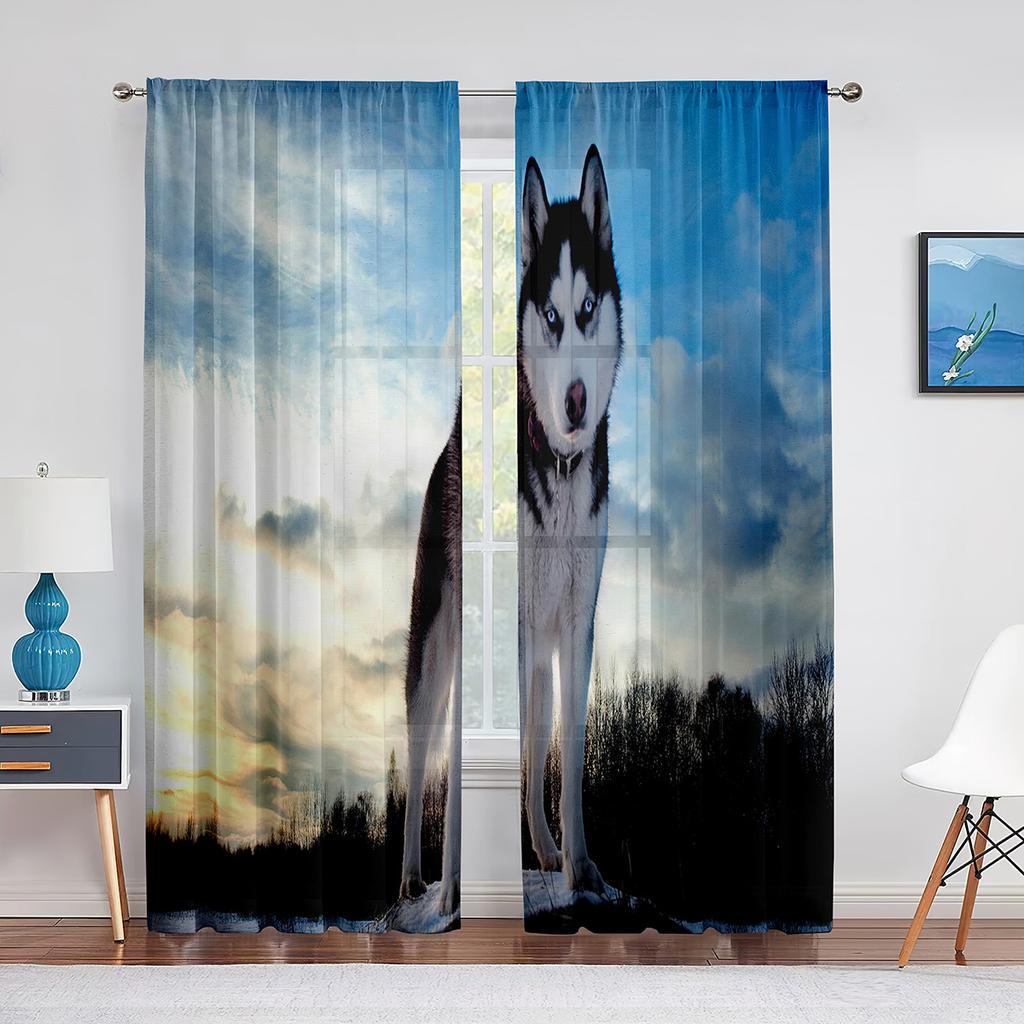 Winter Snow Husky Dog Cute Animal Puppy Sheer Voile Curtains for Living Room Bedroom Kitchen Decor Chiffon Tulle Window Curtains