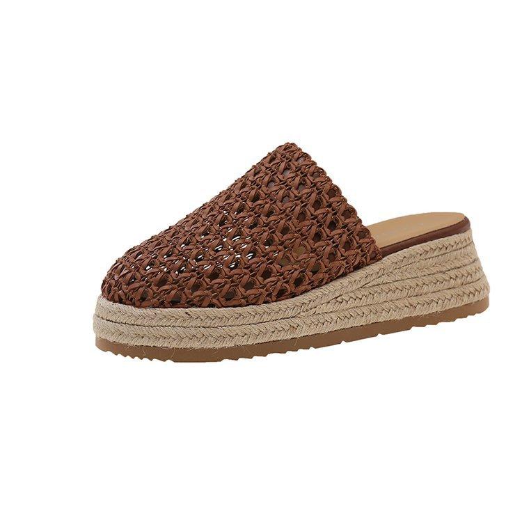 

Thick-bottomed bag head slippers for women s summer outer wear 2025 new high-heeled woven half-mop high-end not tired foot sandals with skirt 39