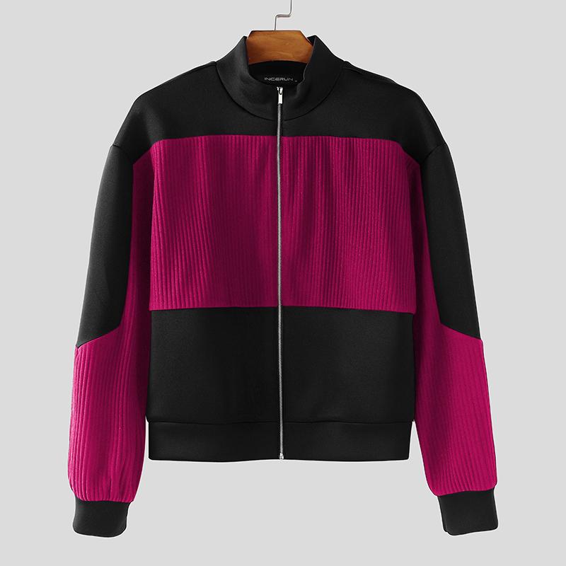 INCERUN Men Long Sleeve Stitching Zipper Up Texture Jackets Short Coats