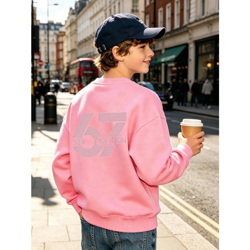 Kids Unisex Crewneck Sweatshirt, Back Print Large Pink Number 67 SIX SEVEN Long Sleeve Pullover, Boys Girls Daily Sweatshirt For Kids Over 4 Years Old