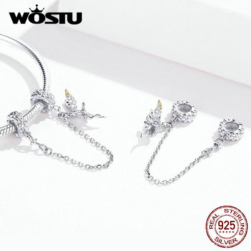 WOSTU 925 Sterling Silver Safety Chain Elf Fairy Angel Charms Fit Original Bracelet & Bangle
