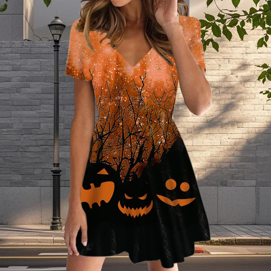 Sommermode Damen V-Ausschnitt Kurzarm Halloween Bedrucktes Kleid Sex Kurzer Rock Kleider