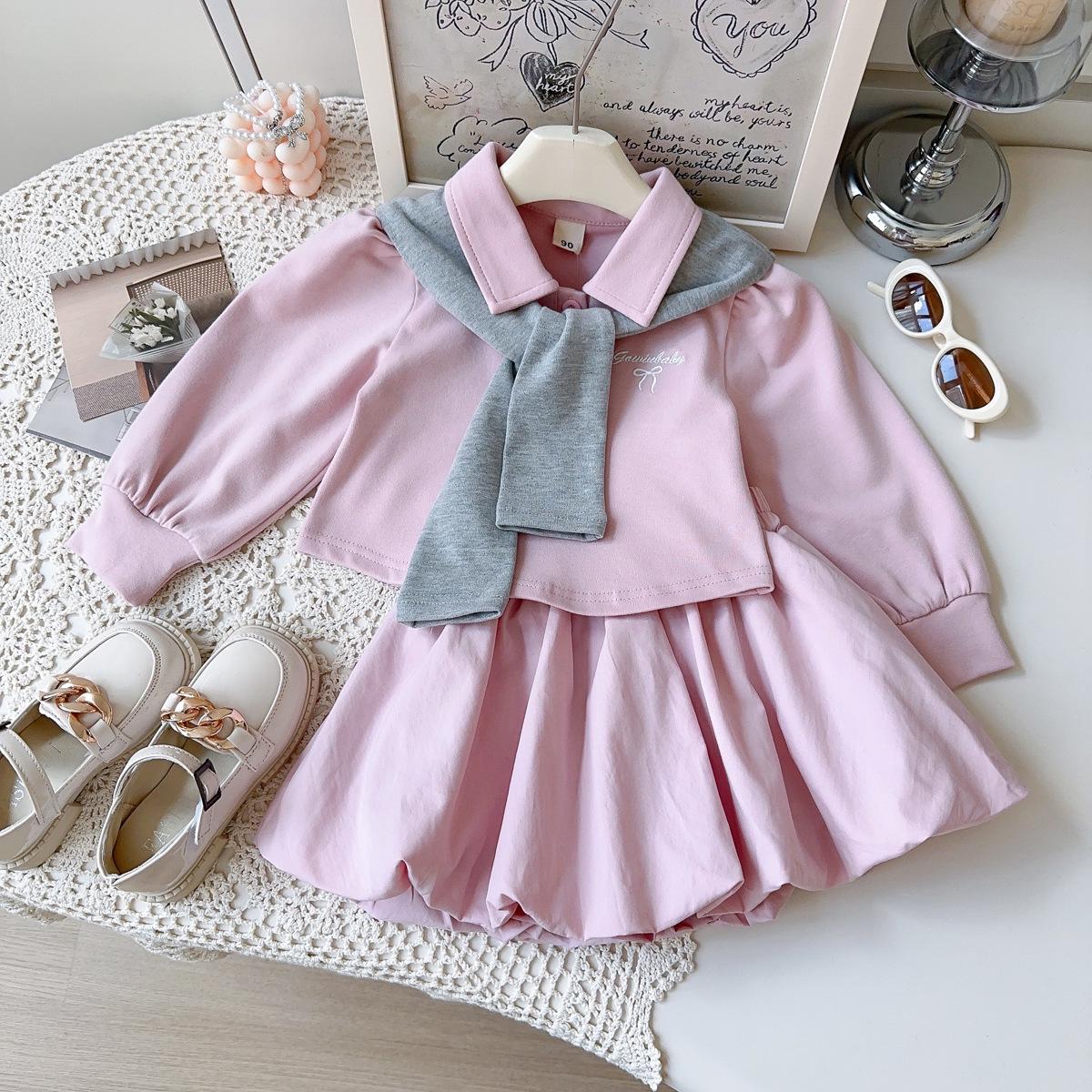 

Girls Autumn & Spring Long Sleeve Top & Skirt Set with Shawl - AQB035 90