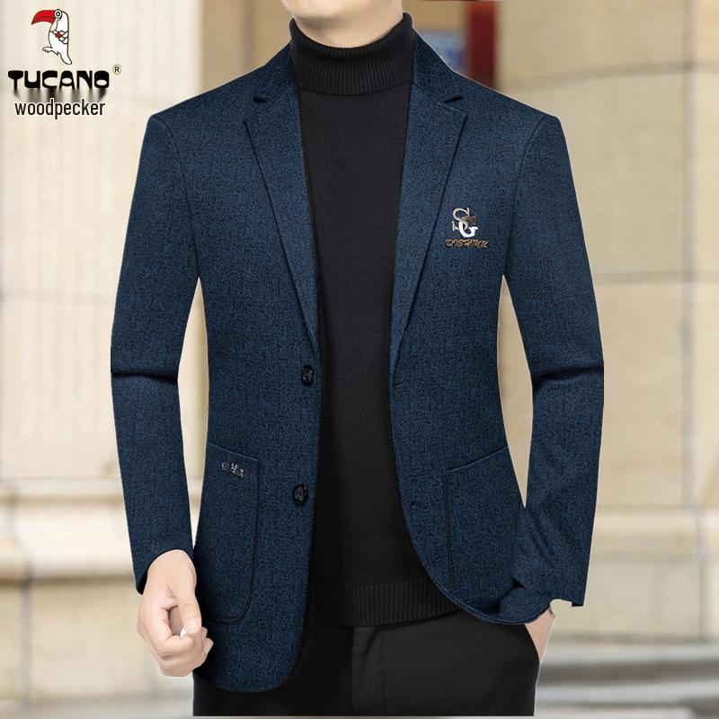 Woodpecker Men's Cashmere Wool Suit - Plush, Thickened Winter Wear for Middle-Aged & Casual Dad Style.