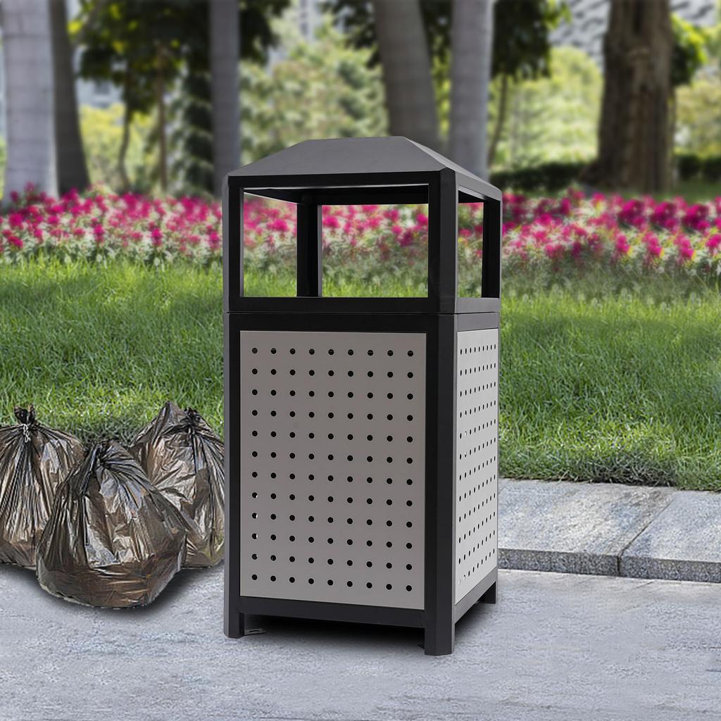 15 Gallon Grey Commercial Trash Can with Ashtray, 56L Large Capacity Outdoor Garbage Bin, 16x33 Inch Industrial Waste Container
