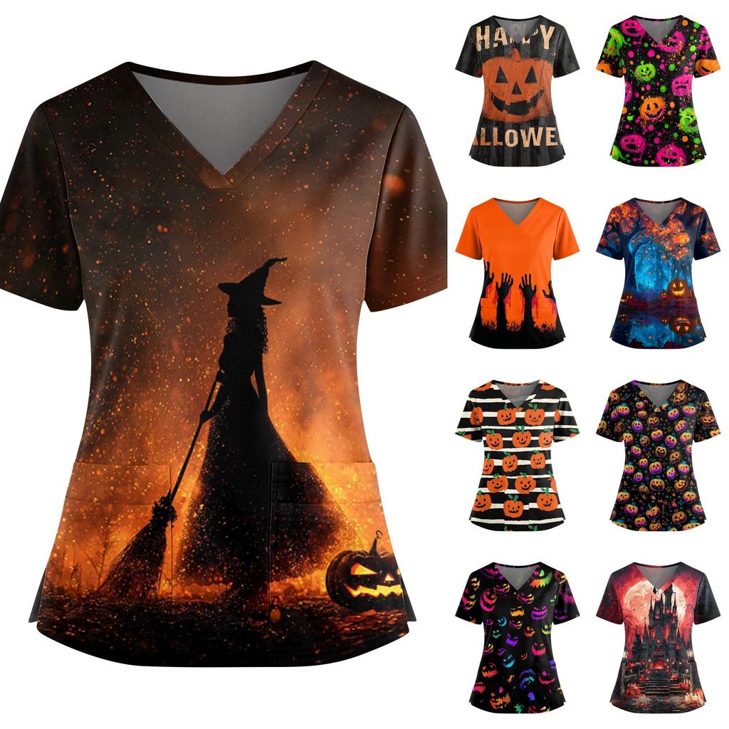 Women’s V Neck Short Sleeve Work Top with Side Slits Pockets and Halloween Print Suitable for Office and Casual Wear
