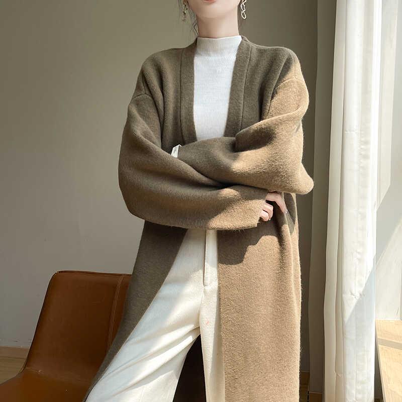 

Роскошный вязаный кардиган средней длины с V-образным вырезом - Толстый и стильный для осени/зимы L 130-160cm верблюд