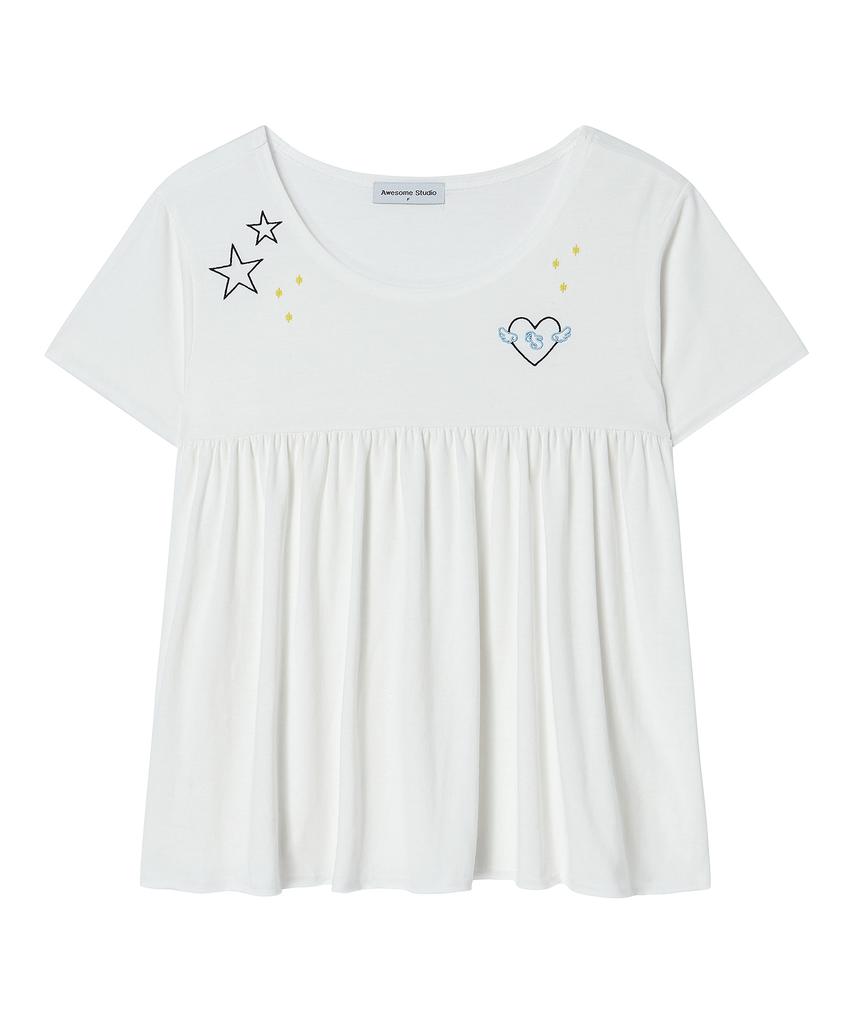 AWESOME STUDIO Kitsch Embroidered Shirred T-Shirt Ivory