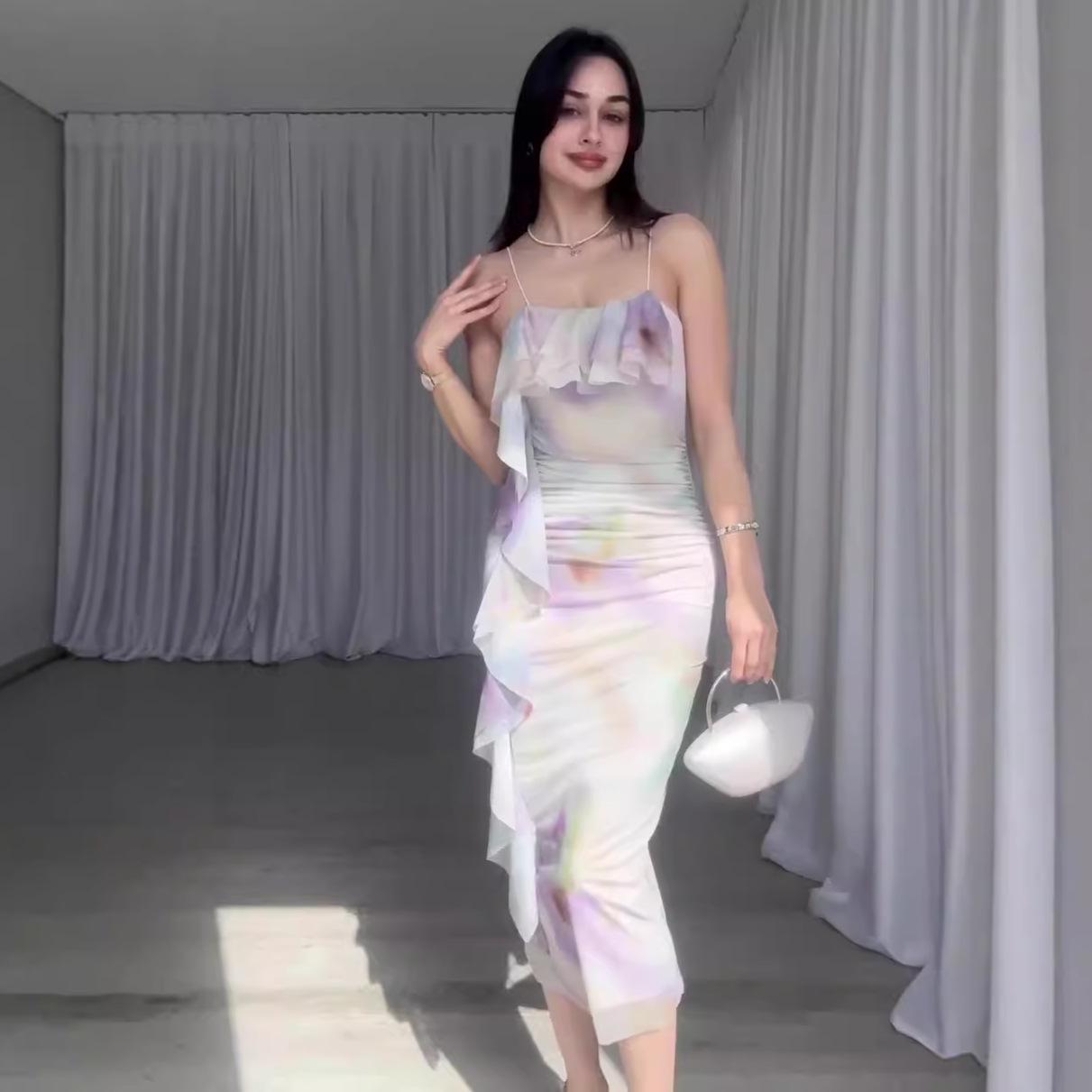 

2024 Summer European-American Gradient Ruffle Bodycon Camisole Dress XS