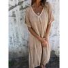 2026 New Casual Spring/Summer Loose Dress Short Sleeve V-Neck Solid Color Cotton-Linen Dress