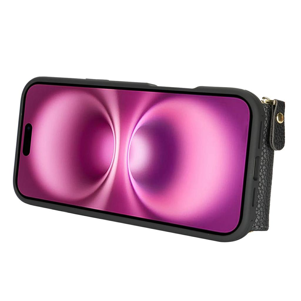 For iPhone 16 Plus Case with Zipper Pouch/Ring Kickstand/Strap Litchi Texture PU + TPU Phone Cover