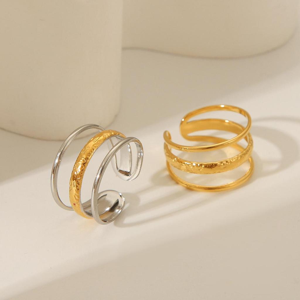 European-American Style Titanium Steel Open Ring - 18K Gold, Non-Fading, Three-Layer Line Design for Women