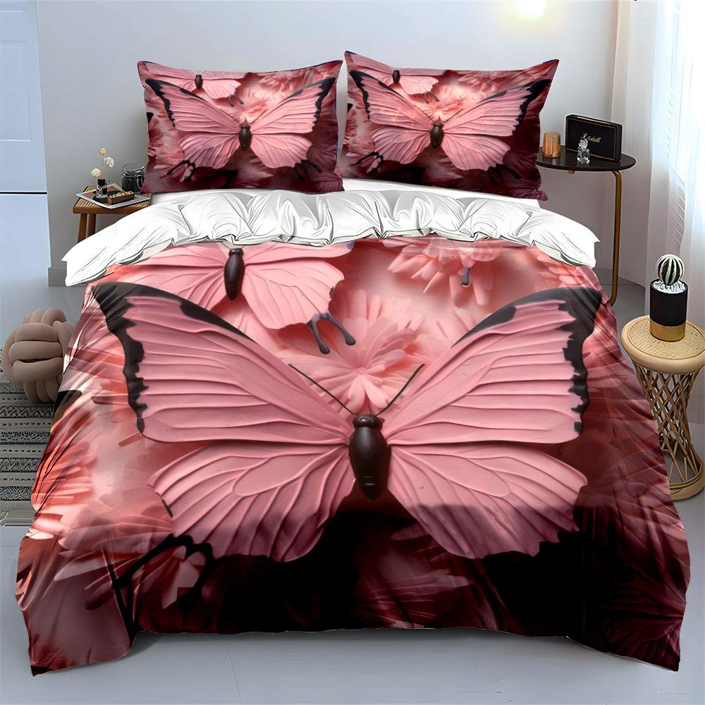 3D Papierschnitt Rosa Schmetterling Bettwäsche SetFloral Geprägter Textur Druck Bettbezug 2 Kissenbezüge Einzel Doppel King QueenGeschenk