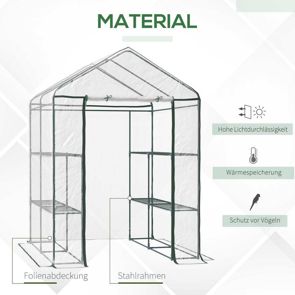 Walk-In Greenhouse Tomato House Cold Frame, 6 Shelves, Steel and PVC, 143 x 143 x 195 cm