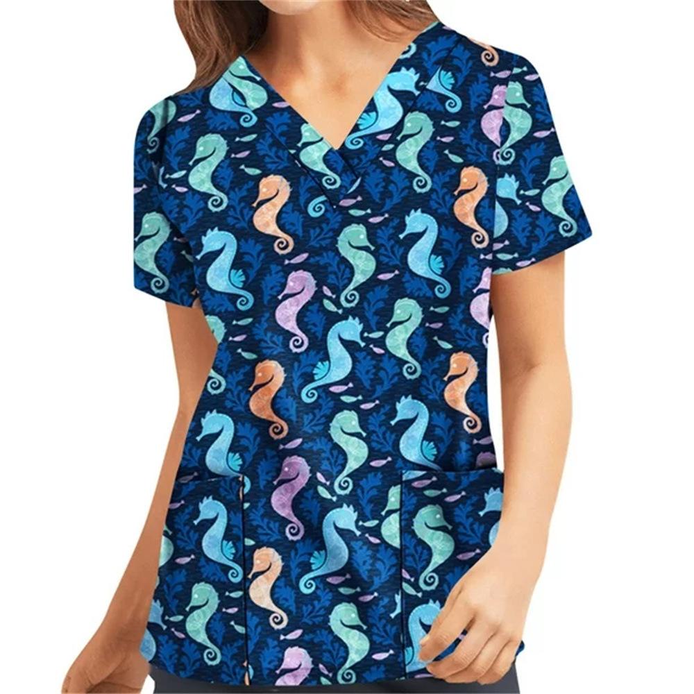 Women's T-shirt V-neck Nurse Uniform Casual and Comfortable Short Sleeved Women's Dreamy Printed T-shirt