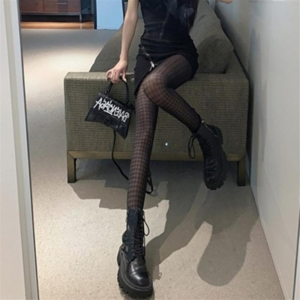 New Arrivals Open Run Women Houndstooth Check Lace Black Stockings