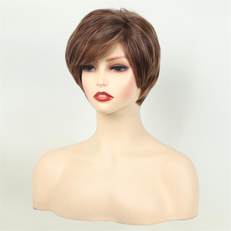 Synthetische Natürliche Pixie Cut Perücken für Frauen Weiches Haar Kurze Braune Perücke mit Pony Hitzebeständig Täglich Lässig Mami Perücke