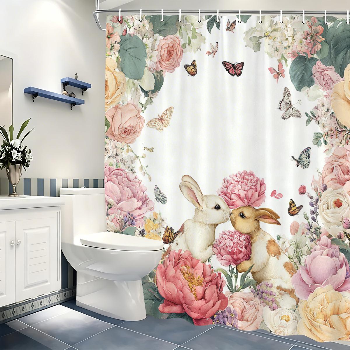 

Cute Rabbit & Floral Pattern Polyester Shower Curtain - Lovely Bath Curtain, Charming Bathroom Decor For Home W60H190(CM)-1 Pcs