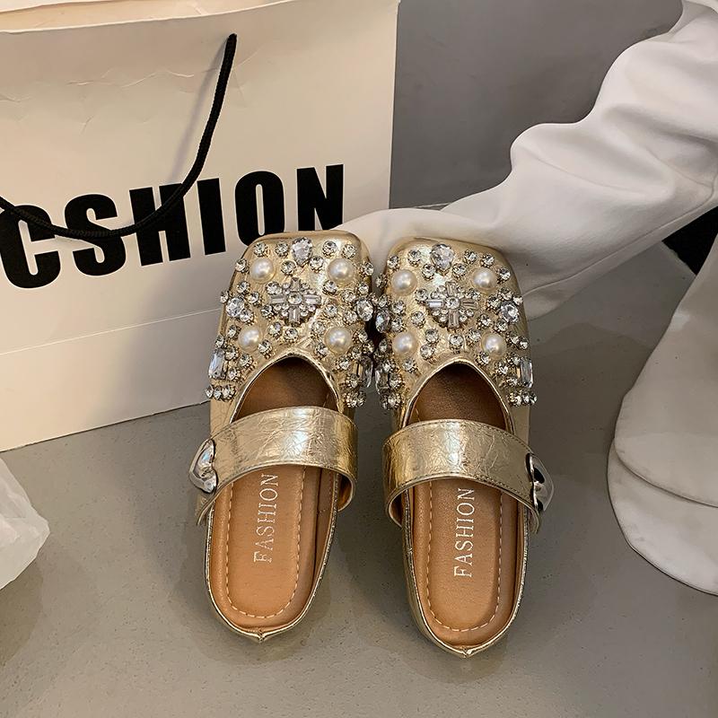 Fashion Women's Baotou Slippers Spring New Square Head Shallow Mouth Metal Word with Soft Sole Anti-slip Wear-resistant Flat Shoes