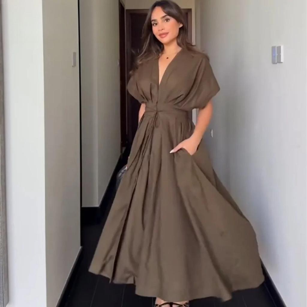 Vintage Women Dresses Fashion Single Breasted Sashes Draped V Neck Sleeveless Solid Ladies Dresses