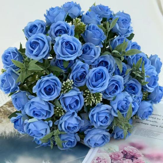 Artificial Rose Flower Multi-Heads Fake Rose Flower Bouquet with Stem for DIY Bridal Bouquet Wedding Party Table Centerpiece Home Decor